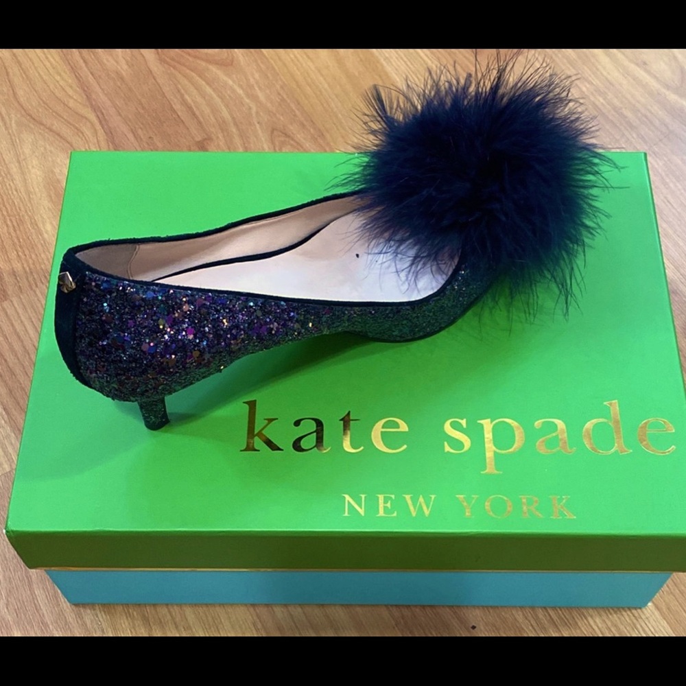 Kate Spade unique blue glitter heels with feather pom pom, size 6.5